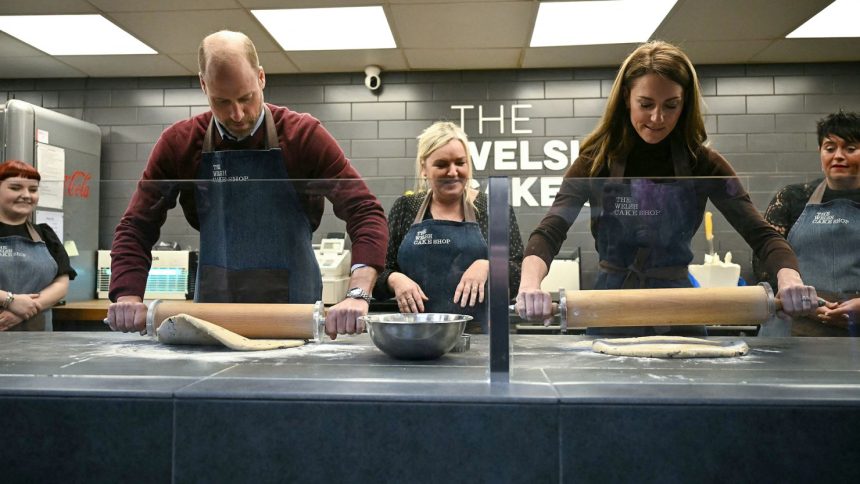 The royals prepare their Welsh cakes, watched over by Theresa Connor, owner of The Welsh Cake Shop.