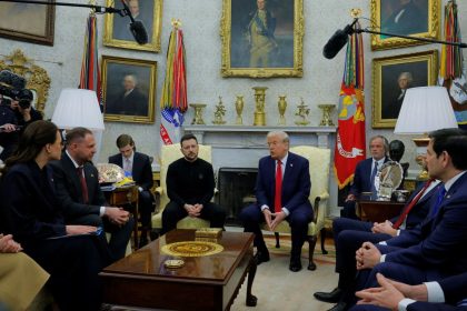 U.S. President Donald Trump meets with Ukrainian President Volodymyr Zelenskiy at the White House.