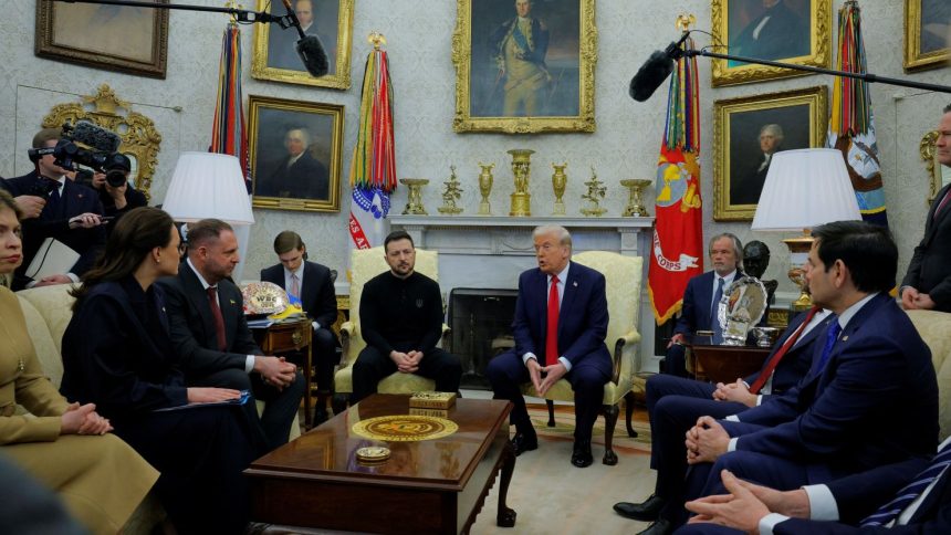 U.S. President Donald Trump meets with Ukrainian President Volodymyr Zelenskiy at the White House.