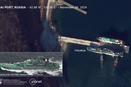 A Russian landing ship comes and goes from the port of Dunai, in Russia’s far east, on November 30. Researchers have been tracking Russian ships believed to be used for transfers of North Korean troops.