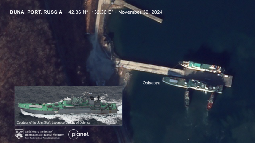 A Russian landing ship comes and goes from the port of Dunai, in Russia’s far east, on November 30. Researchers have been tracking Russian ships believed to be used for transfers of North Korean troops.