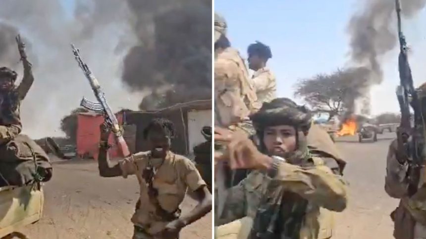 Fighters from Sudan’s paramilitary Rapid Support Forces are seen in frames from a video shared on social media during an attack on Zamzam camp earlier this week.