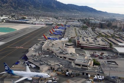 Planes wait in 2022 at Hollywood Burbank Airport in Burbank, California.