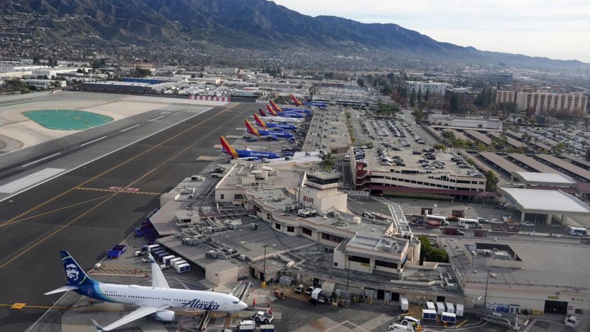 Planes wait in 2022 at Hollywood Burbank Airport in Burbank, California.