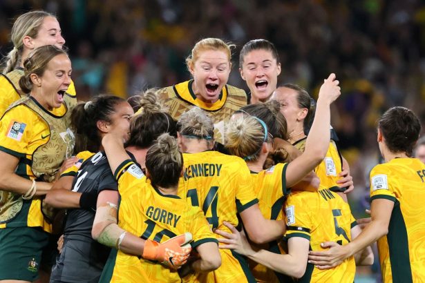 The Matildas celebrate after winning the Women's World Cup quarterfinal against France in Brisbane, Australia, in August 2023.