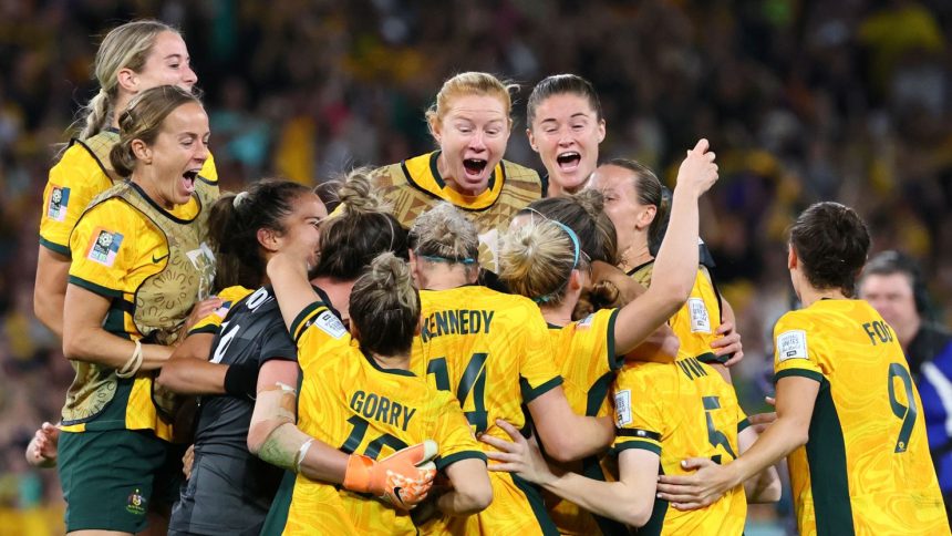 The Matildas celebrate after winning the Women's World Cup quarterfinal against France in Brisbane, Australia, in August 2023.