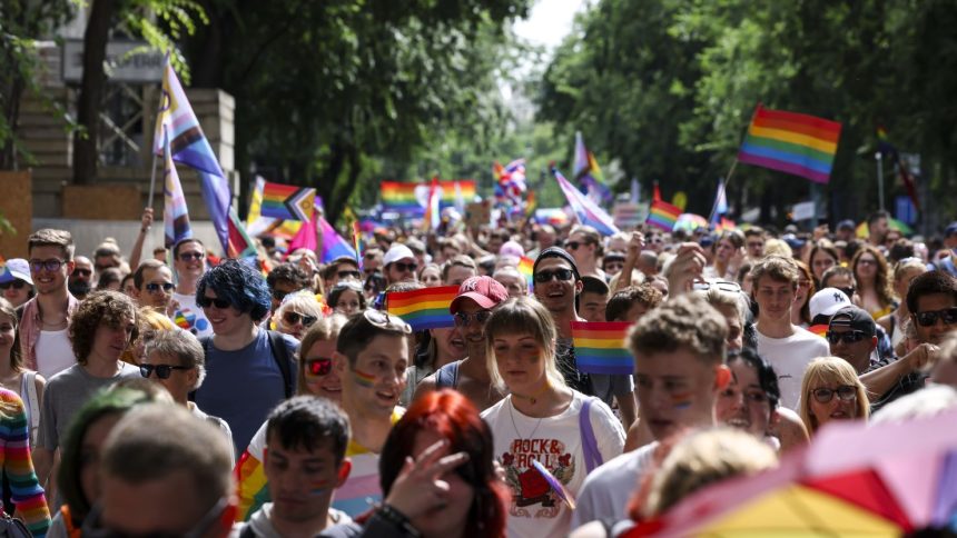 Participants march at the 29th Budapest Pride parade in the Hungarian capital city in June 2024.