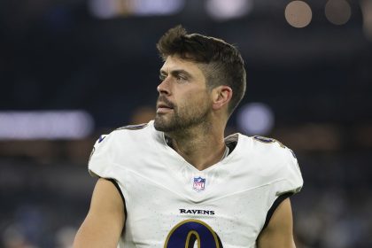 Justin Tucker walks back to the locker room after the Baltimore Ravens' game against the Los Angeles Chargers on Monday, November 25, 2024.