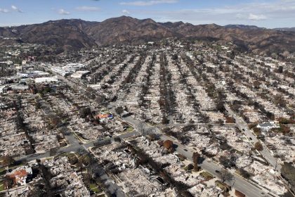 The devastation from the Palisades Fire is shown in an aerial view in the Pacific Palisades neighborhood of Los Angeles, Monday, Jan. 27, 2025.