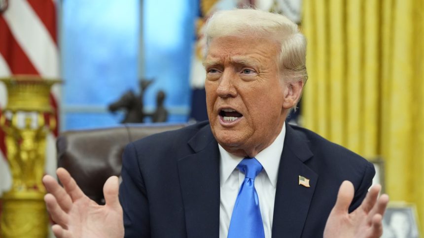 President Donald Trump speaks with reporters in the Oval Office at the White House, Tuesday, Feb. 11, 2025, in Washington. (Photo/Alex Brandon)