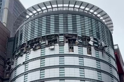 The damaged facade of the Shin Kong Mitsukoshi department store in Taichung, Taiwan, after a gas explosion on February 13, 2025.