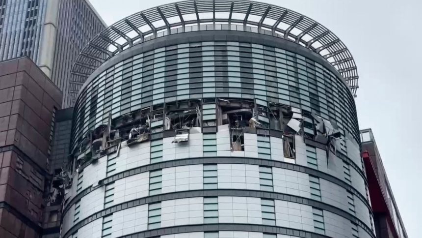 The damaged facade of the Shin Kong Mitsukoshi department store in Taichung, Taiwan, after a gas explosion on February 13, 2025.