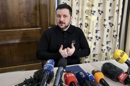 Ukrainian President Volodymyr Zelenskyy press conference in Munich ** STORY AVAILABLE, CONTACT SUPPLIER** Featuring: Ukrainian President Volodymyr Zelenskyy Where: Munich, Ukraine When: 14 Feb 2025 Credit: Ukrinform/Cover Images **UK AND USA RIGHTS ONLY**  (Cover Images via AP Images)