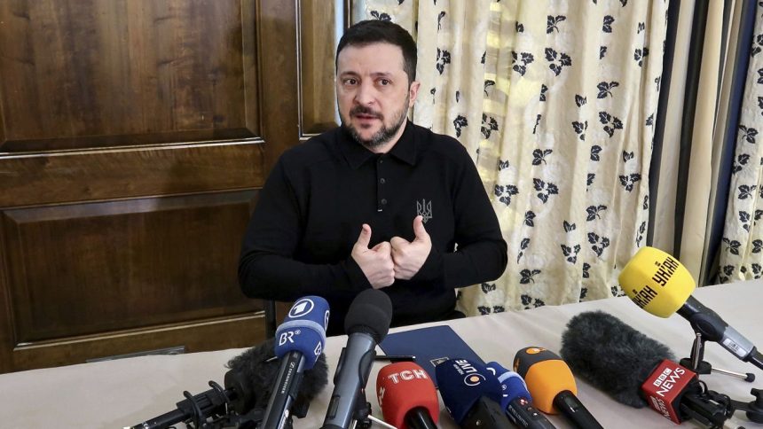 Ukrainian President Volodymyr Zelenskyy press conference in Munich ** STORY AVAILABLE, CONTACT SUPPLIER** Featuring: Ukrainian President Volodymyr Zelenskyy Where: Munich, Ukraine When: 14 Feb 2025 Credit: Ukrinform/Cover Images **UK AND USA RIGHTS ONLY**  (Cover Images via AP Images)