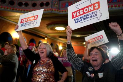 People at an election night watch party react after an abortion rights amendment to the Missouri constitution passed on November 5, 2024, in Kansas City, Missouri.