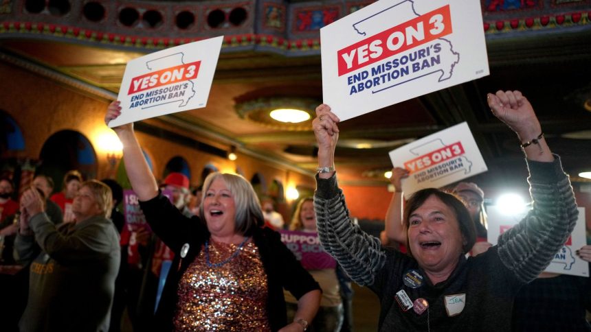 People at an election night watch party react after an abortion rights amendment to the Missouri constitution passed on November 5, 2024, in Kansas City, Missouri.