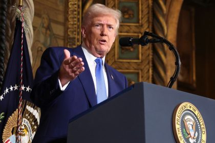 President Donald Trump speaks to the media at Mar-a-Lago, Tuesday, February 18, 2025, in Palm Beach, Florida.