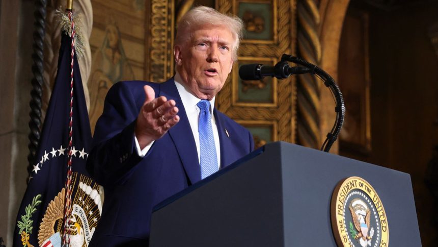 President Donald Trump speaks to the media at Mar-a-Lago, Tuesday, February 18, 2025, in Palm Beach, Florida.