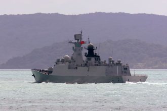 China's People's Liberation Army-Navy Jiangkai-class frigate Hengyang travels in the Torres Strait off Australia's coast, on February 11, 2025.