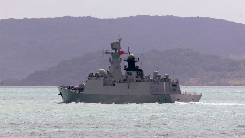 China's People's Liberation Army-Navy Jiangkai-class frigate Hengyang travels in the Torres Strait off Australia's coast, on February 11, 2025.