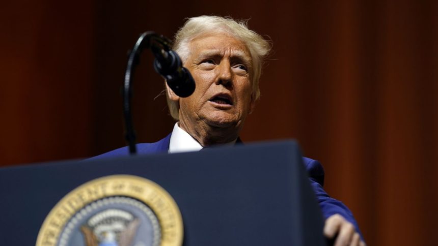 President Donald Trump speaks at the Republican Governors Association meeting at the National Building Museum in Washington, on Thursday, February 20, 2025.