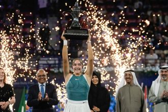 Mirra Andreeva celebrates after her win in Dubai.