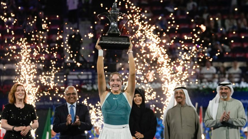 Mirra Andreeva celebrates after her win in Dubai.