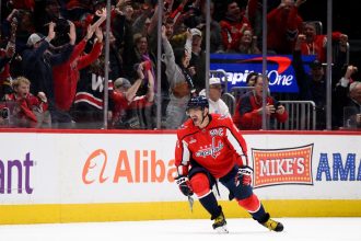 Washington Capitals captain Alex Ovechkin celebrates after scoring in the second period against the Edmonton Oilers. (AP Photo/Nick Wass)