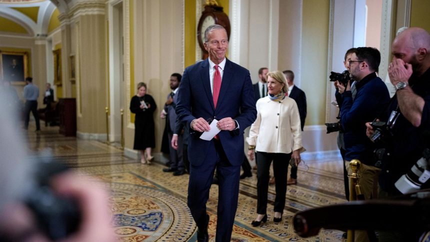 Senate Majority Leader John Thune arrives to speak to reporters following a weekly Republican policy luncheon at the US Capitol on February 19, in Washington, DC.