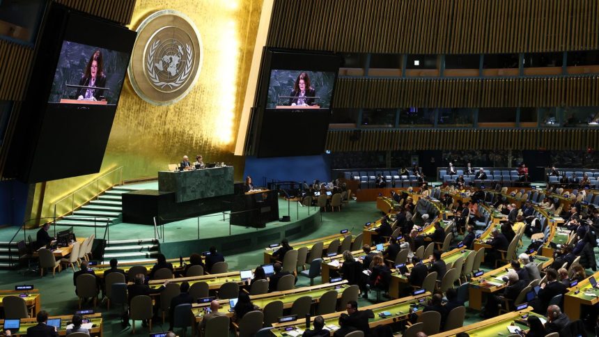 Ambassador Dorothy Camille Shea, Chargé d’Affaires ad interim of the United States, speaks during a United Nations General Assembly meeting for a special session at the United Nations headquarters on February 24, in New York City. The General Assembly continued it's eleventh emergency special session as they prepare to vote on an annual resolution condemning Russia’s invasion of Ukraine.