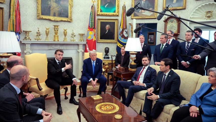 President Donald Trump meets with French President Emmanuel Macron in the Oval Office at the White House on February 24, in Washington, DC.