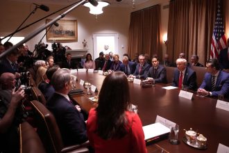 President Donald Trump delivers remarks during a Cabinet Meeting at the White House on February 26, in Washington, DC.