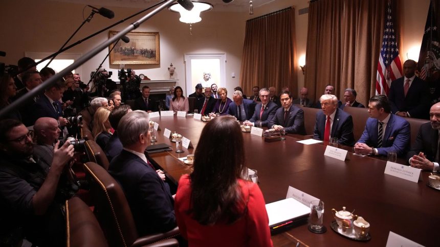 President Donald Trump delivers remarks during a Cabinet Meeting at the White House on February 26, in Washington, DC.