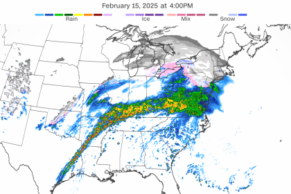 A forecast model depicts where the ongoing storm will bring rain, snow, ice and thunderstorms late this afternoon.