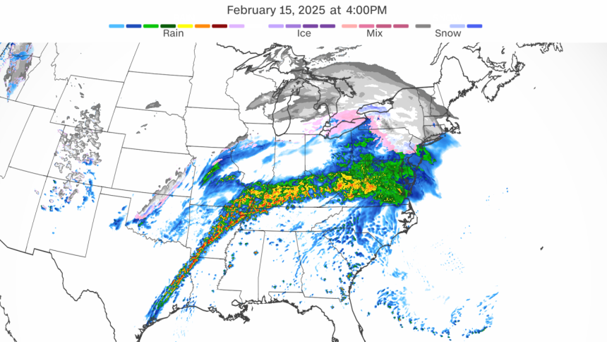 A forecast model depicts where the ongoing storm will bring rain, snow, ice and thunderstorms late this afternoon.