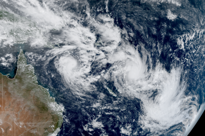 Satellite captures three named tropical cyclones churning simultaneously east of Australia in the South Pacific Ocean basin on Tuesday.