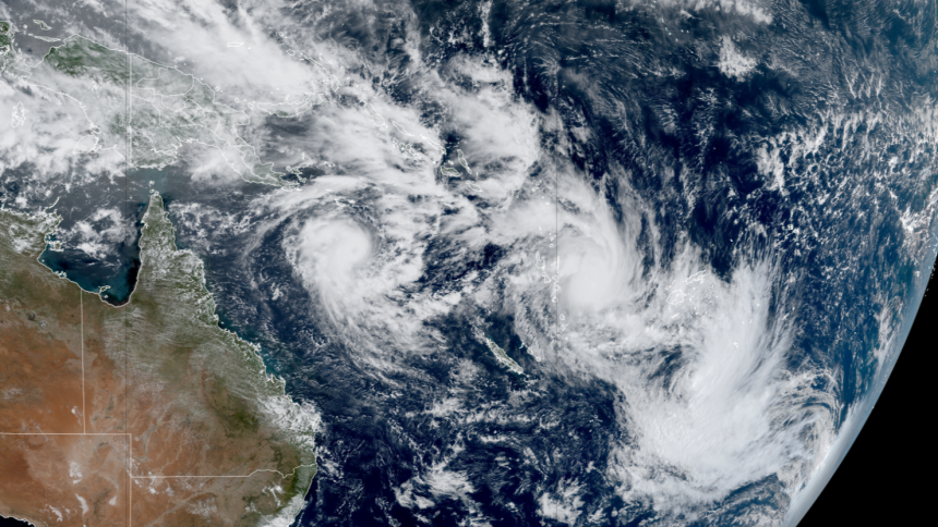 Satellite captures three named tropical cyclones churning simultaneously east of Australia in the South Pacific Ocean basin on Tuesday.