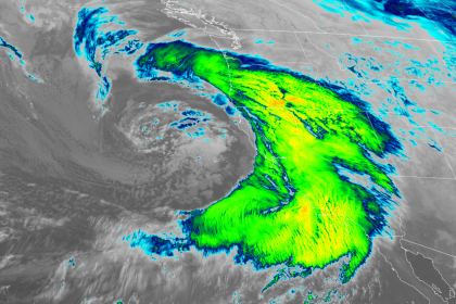 An infrared satellite captures a powerful atmospheric river-driven storm slamming into California early Thursday morning.