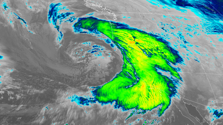 An infrared satellite captures a powerful atmospheric river-driven storm slamming into California early Thursday morning.