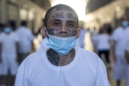 Tattoos cover the faces and bodies of many inmates at Cecot Prison in El Salvador, including this man, a member of MS-13, now considered a terrorist group by the United States.