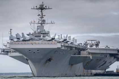 The US warship USS Harry S. Truman is pictured anchored in The Solent on October 8, 2018, near Portsmouth, England.