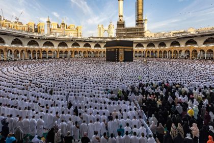 Worshippers pray on April 21, 2023, around the Kaaba at the Masjid al-Haram mosque in the holy city of Mecca, Saudi Arabia, on the first day of Eid al-Fitr, which marks the end of the holy fasting month of Ramadan.