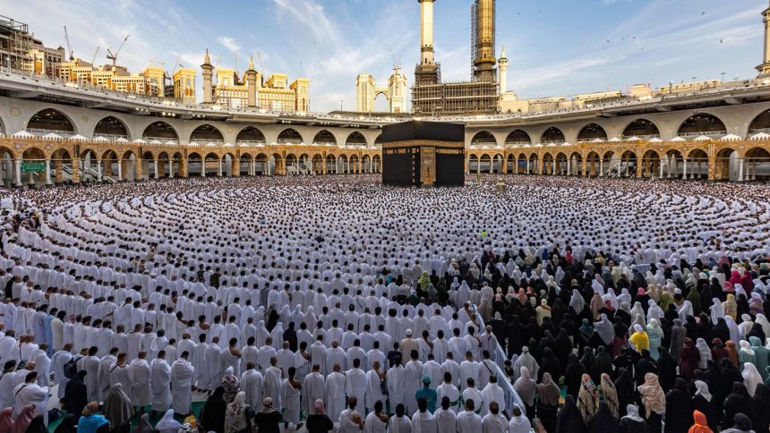 Worshippers pray on April 21, 2023, around the Kaaba at the Masjid al-Haram mosque in the holy city of Mecca, Saudi Arabia, on the first day of Eid al-Fitr, which marks the end of the holy fasting month of Ramadan.