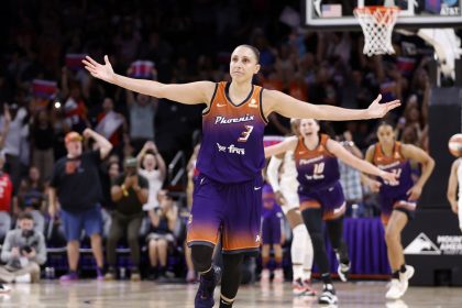 PHOENIX, ARIZONA - AUGUST 03: Guard Diana Taurasi #3 of the Phoenix Mercury reacts after scoring her 10,000th career point during the second half against the Atlanta Dream at Footprint Center on August 03, 2023 in Phoenix, Arizona. NOTE TO USER: User expressly acknowledges and agrees that, by downloading and or using this photograph, User is consenting to the terms and conditions of the Getty Images License Agreement. (Photo by Chris Coduto/Getty Images)