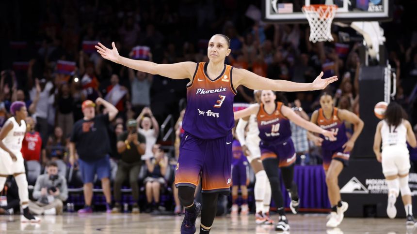 PHOENIX, ARIZONA - AUGUST 03: Guard Diana Taurasi #3 of the Phoenix Mercury reacts after scoring her 10,000th career point during the second half against the Atlanta Dream at Footprint Center on August 03, 2023 in Phoenix, Arizona. NOTE TO USER: User expressly acknowledges and agrees that, by downloading and or using this photograph, User is consenting to the terms and conditions of the Getty Images License Agreement. (Photo by Chris Coduto/Getty Images)