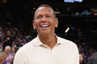 Former MLB player Alex Rodriguez attends an NBA playoff game in 2024.