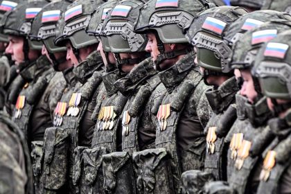 Russian servicemen involved in the country's military action in Ukraine march on Red Square during the Victory Day military parade in central Moscow on May 9, 2024.