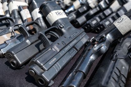 Guns seized by Mexican authorities on display before being destroyed in Tijuana. Mexico claims that up to 90% of guns recovered from Mexican crime scenes come from the United States.