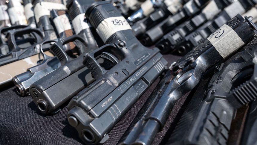 Guns seized by Mexican authorities on display before being destroyed in Tijuana. Mexico claims that up to 90% of guns recovered from Mexican crime scenes come from the United States.