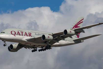 A Qatar Airways Airbus A380 double decker passenger aircraft.